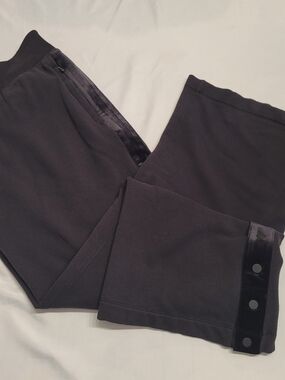 Athleta Wide Leg Fleece Pants Velvet Stripe Snap Hem Black M